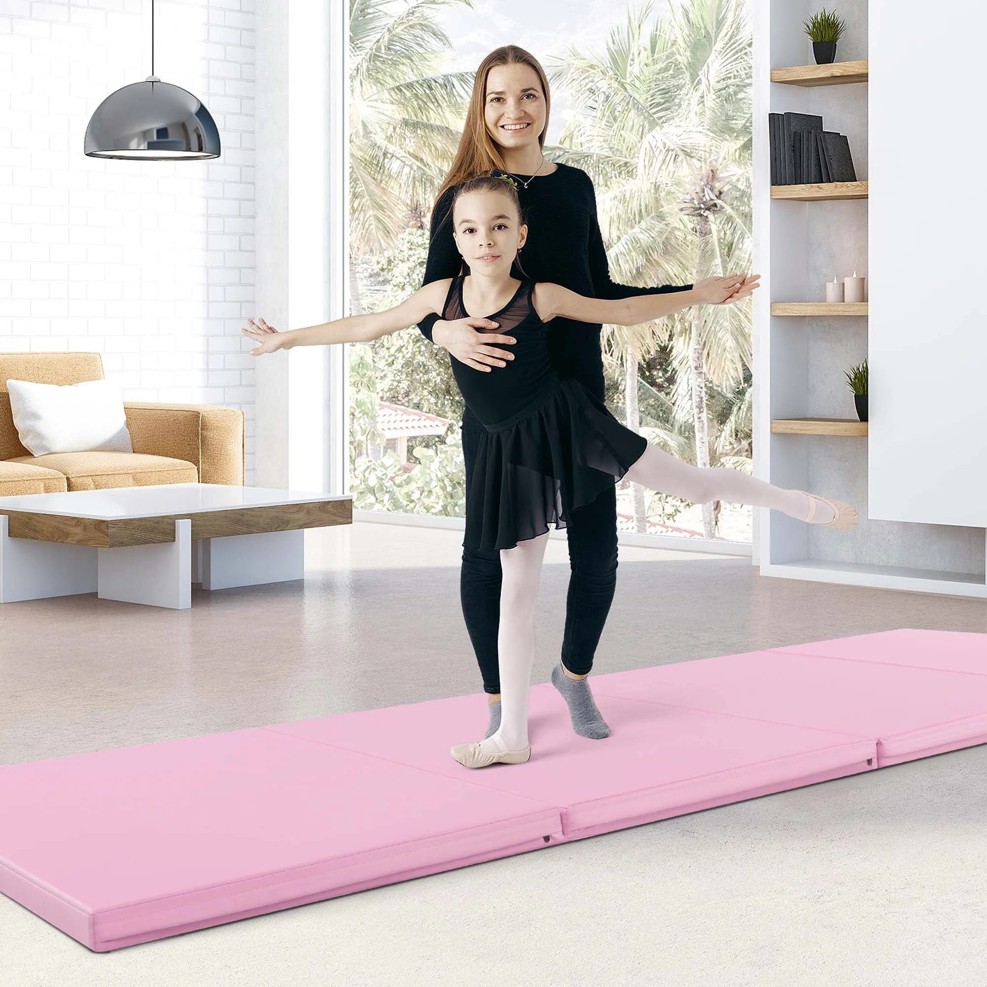 10' x 4' x 2" 4-Panel Folding Exercise Mat with Carrying Handles for Gym Yoga Light Pink
