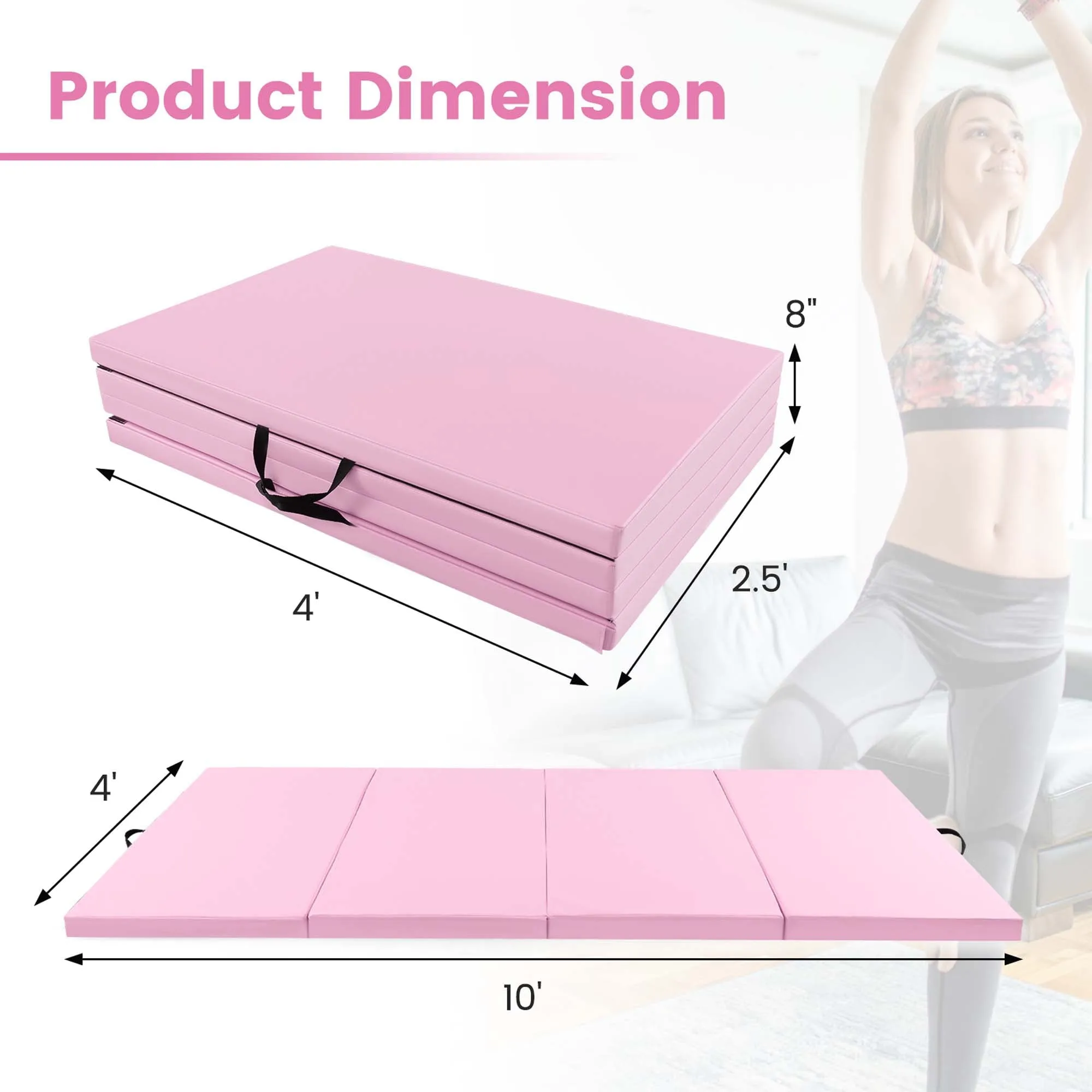10' x 4' x 2" 4-Panel Folding Exercise Mat with Carrying Handles for Gym Yoga Light Pink