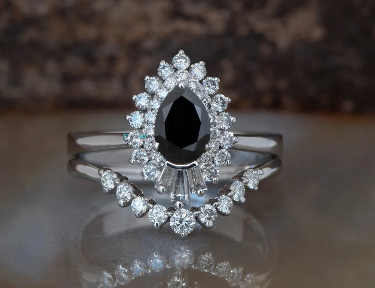 1.15 carat black diamond art deco ballerina wedding ring set  14k 18k white gold, Platinum