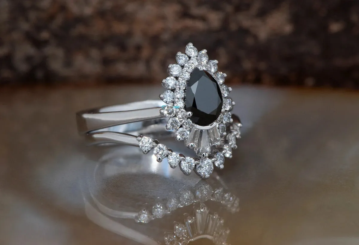 1.15 carat black diamond art deco ballerina wedding ring set  14k 18k white gold, Platinum