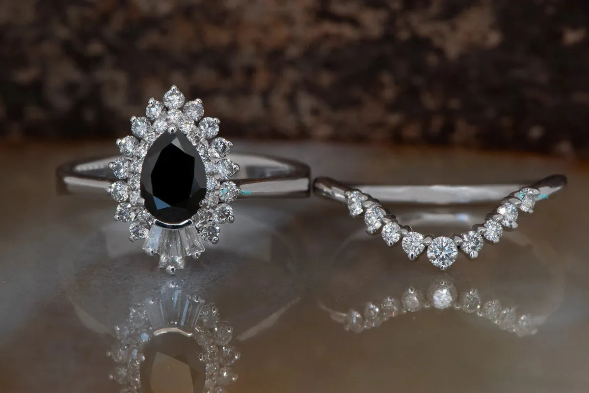 1.15 carat black diamond art deco ballerina wedding ring set  14k 18k white gold, Platinum
