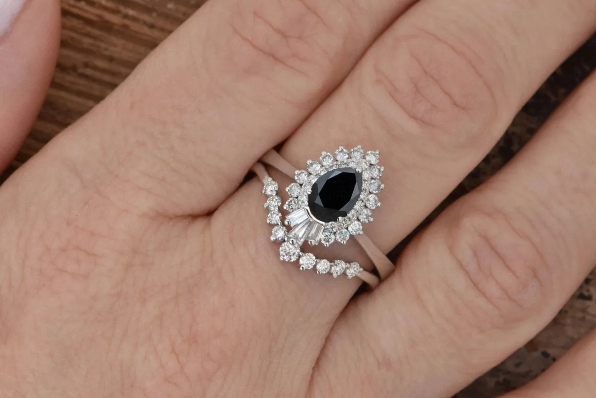1.15 carat black diamond art deco ballerina wedding ring set  14k 18k white gold, Platinum