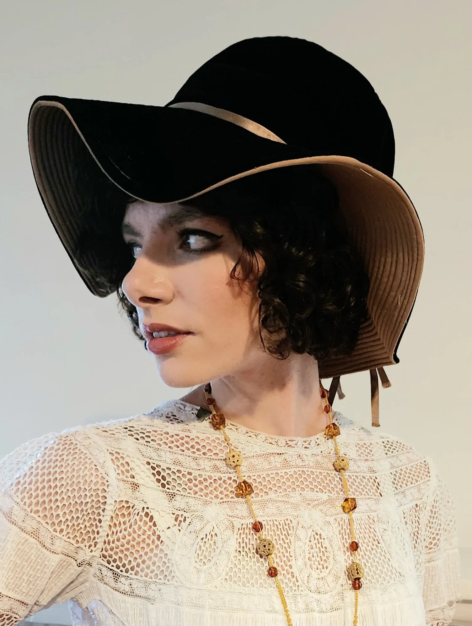 70s Black Velvet Floppy Hat Wide Brim Boho