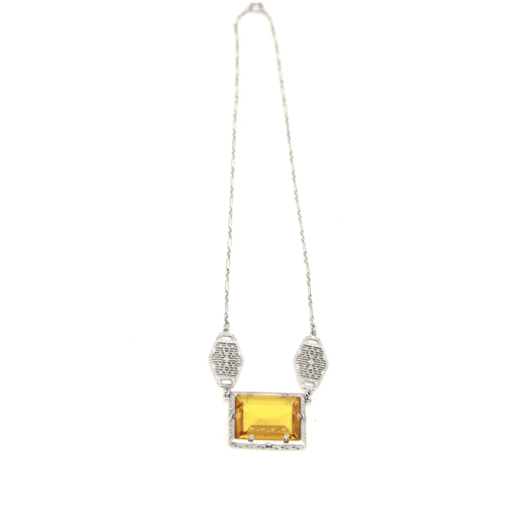 Antique Art Deco 1920s Flapper Necklace Choker Rhodium Filigree Amber Yellow Glass  Fob 15"