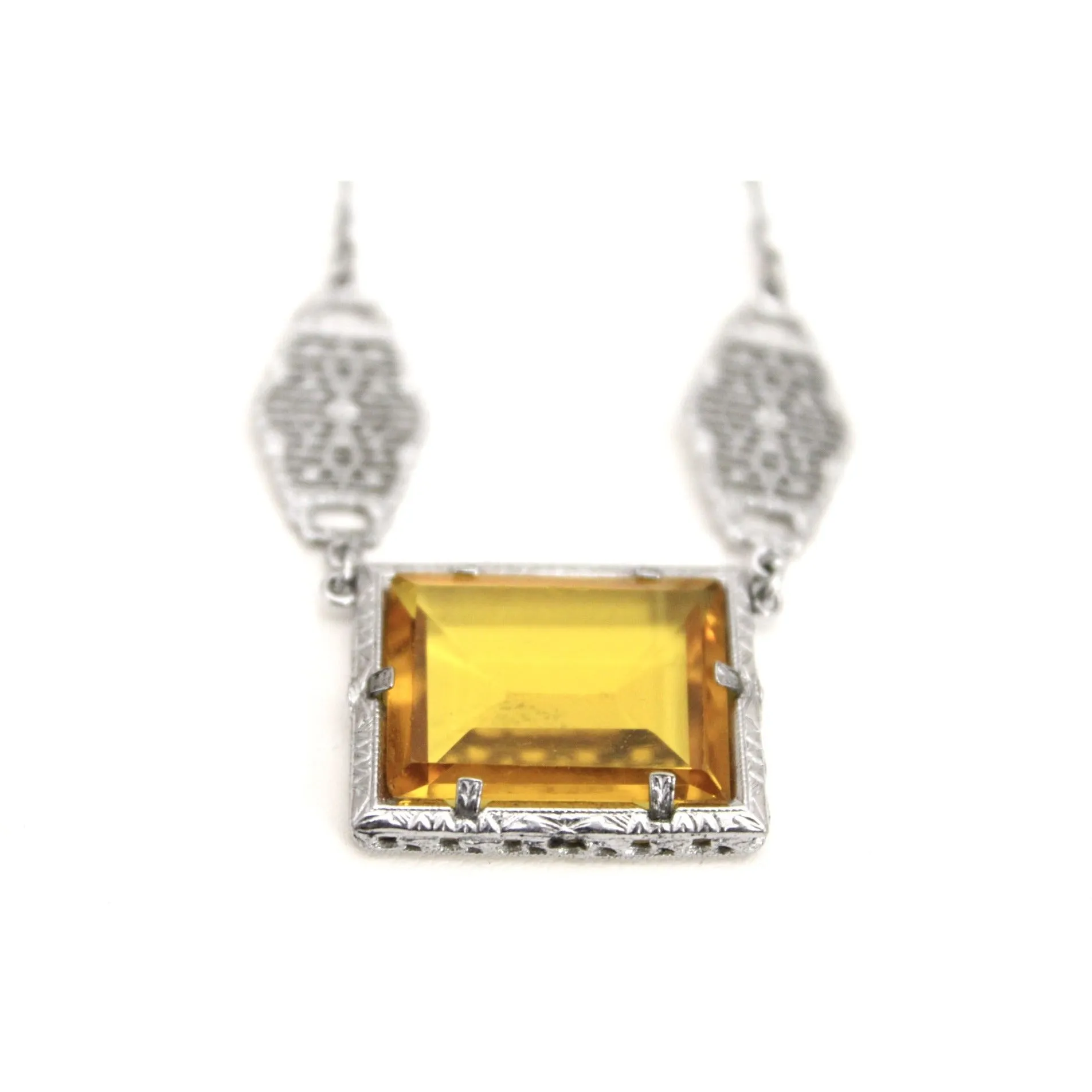 Antique Art Deco 1920s Flapper Necklace Choker Rhodium Filigree Amber Yellow Glass  Fob 15"