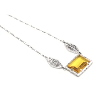 Antique Art Deco 1920s Flapper Necklace Choker Rhodium Filigree Amber Yellow Glass  Fob 15"
