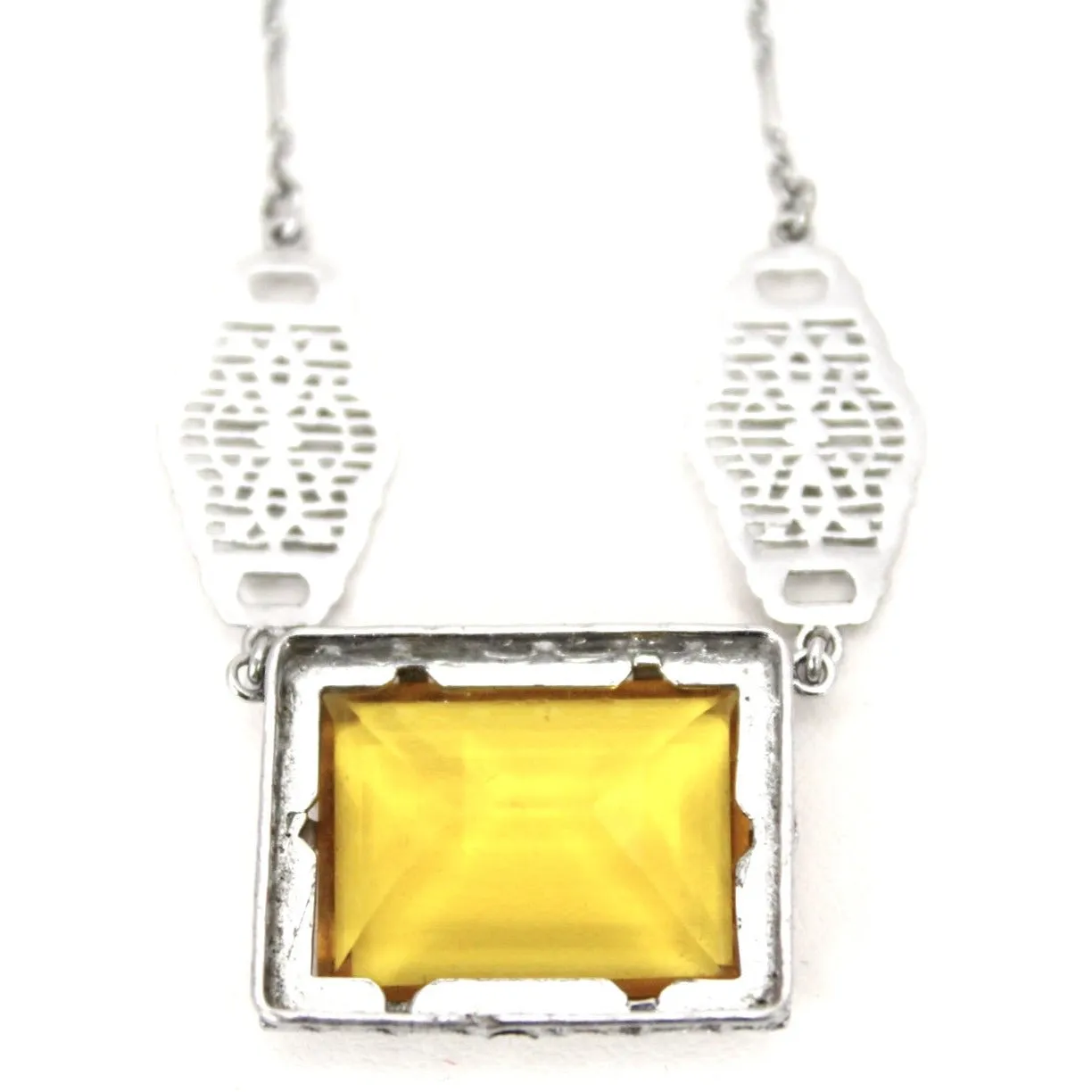 Antique Art Deco 1920s Flapper Necklace Choker Rhodium Filigree Amber Yellow Glass  Fob 15"