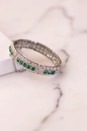 Art Deco Emerald and Diamante Paste Rhinestone Bangle Bracelet