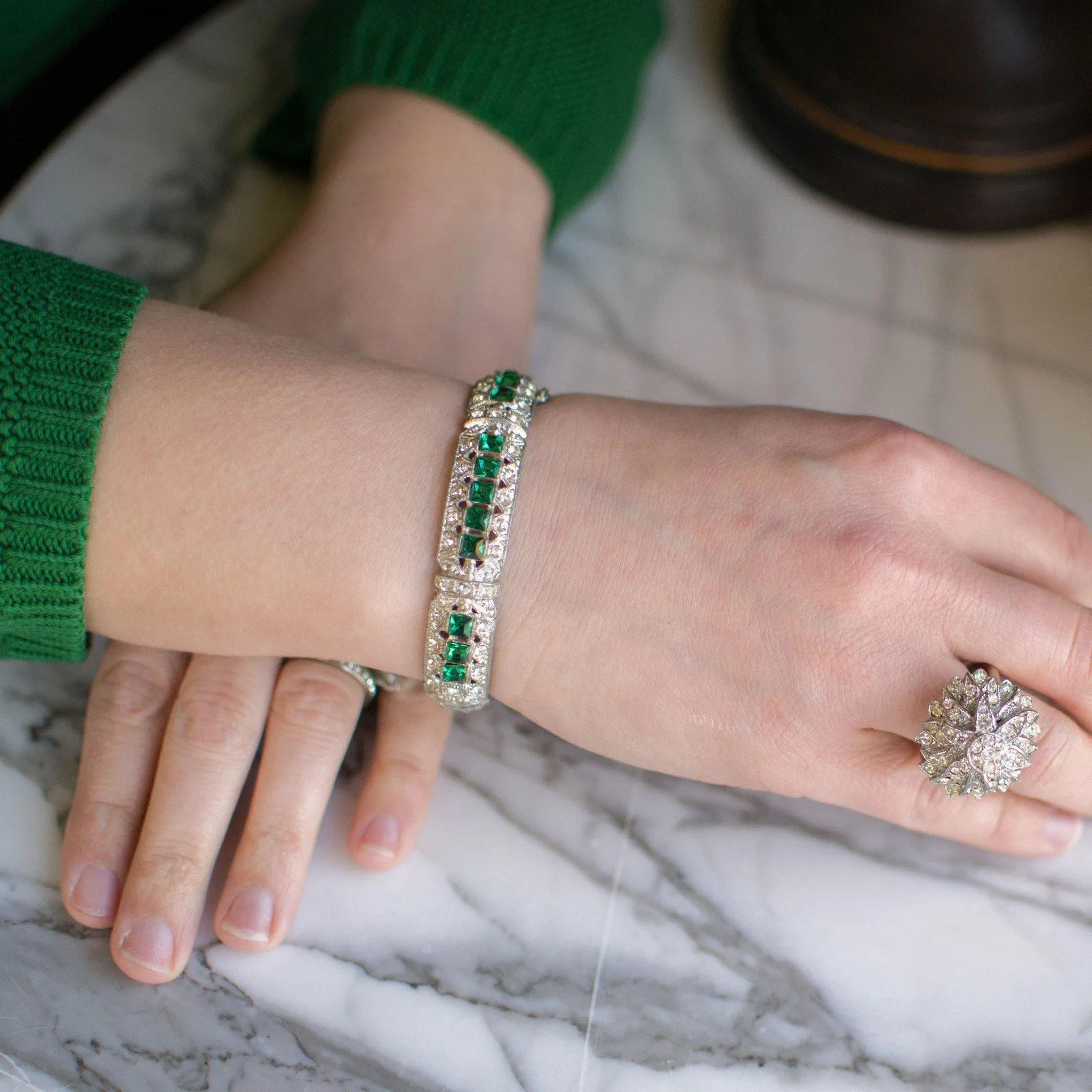 Art Deco Emerald and Diamante Paste Rhinestone Bangle Bracelet