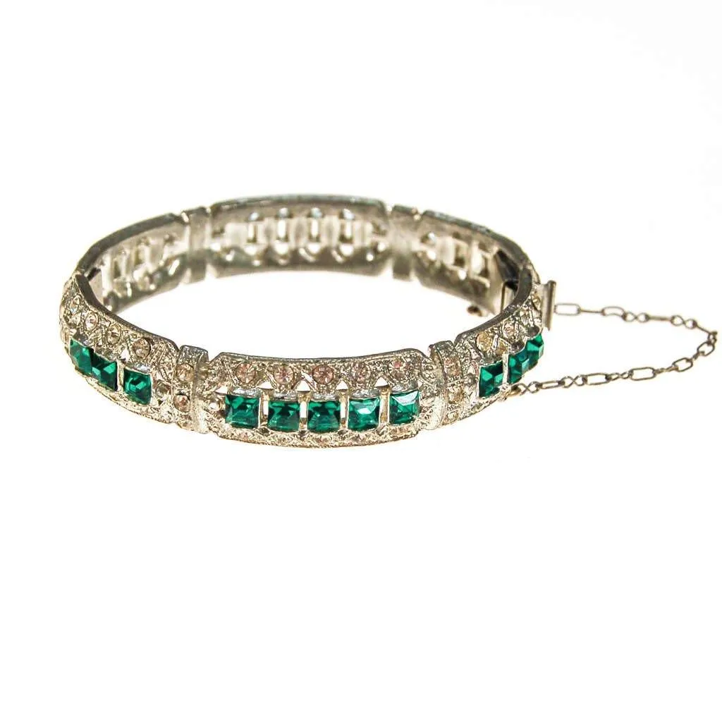 Art Deco Emerald and Diamante Paste Rhinestone Bangle Bracelet