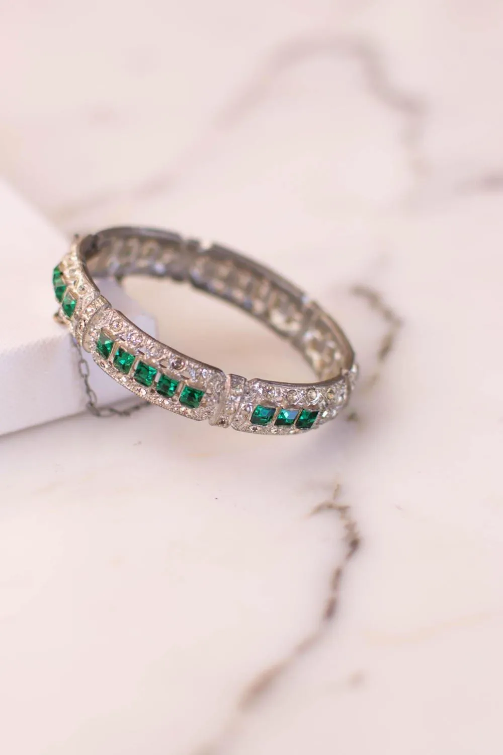Art Deco Emerald and Diamante Paste Rhinestone Bangle Bracelet