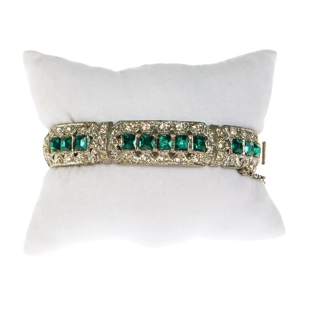 Art Deco Emerald and Diamante Paste Rhinestone Bangle Bracelet