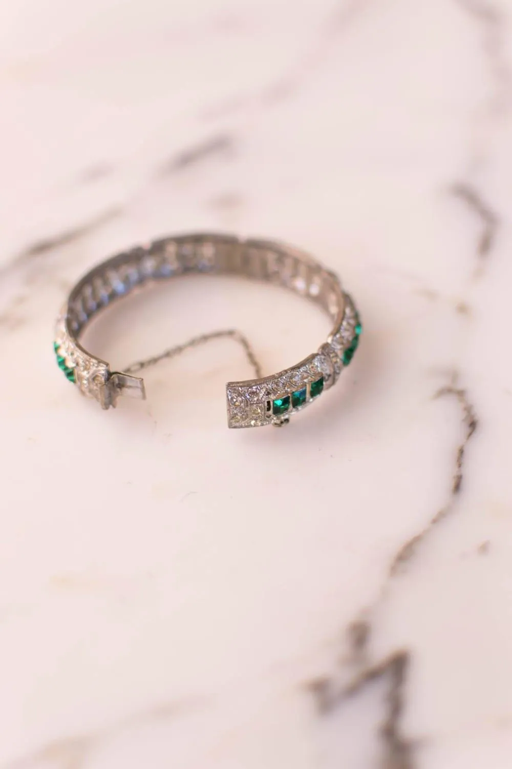 Art Deco Emerald and Diamante Paste Rhinestone Bangle Bracelet