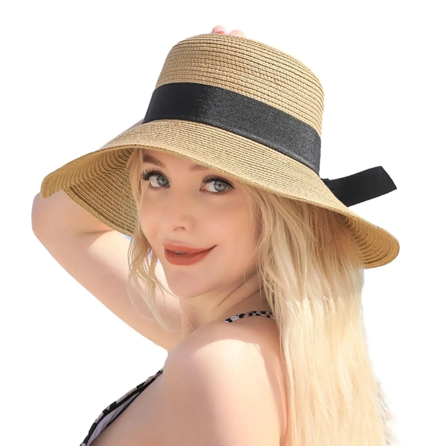 Beach Hats for Women - Wide Brim Sun Straw Hat for Women UPF 50  UV Sun Protection Sun Hat Womens Floppy Sun Hat Foldable Roll up Cap Khaki