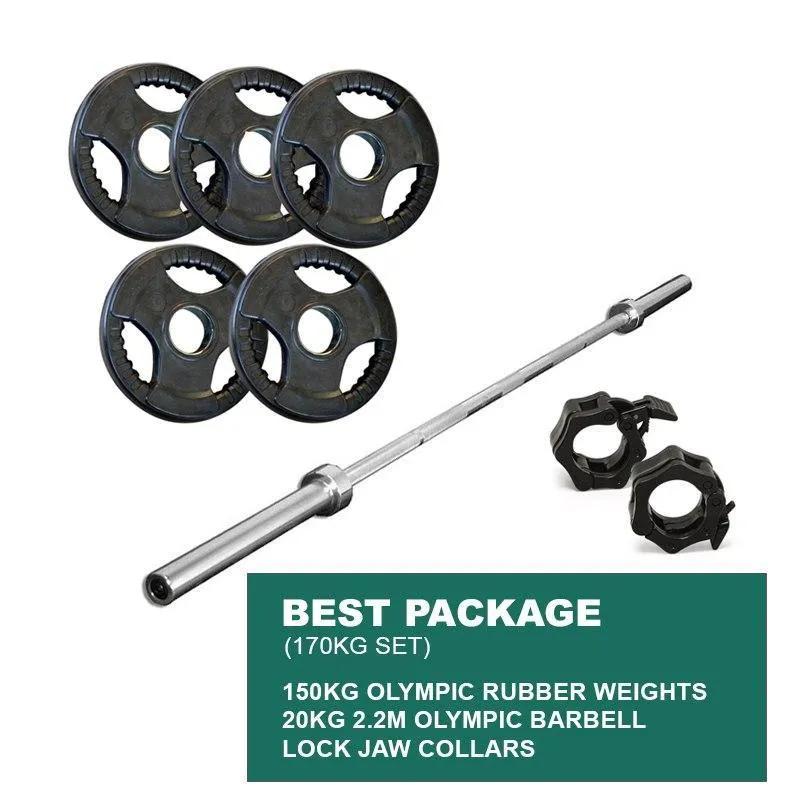 BEST PACKAGE: 150KG OLYMPIC WEIGHT PLATES   2.2m 1000LB OLYMPIC WEIGHTLIFTING BRASS BUSHING BARBELL   LOCK JAWS