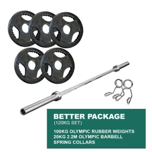 BETTER PACKAGE: 100KG OLYMPIC WEIGHT PLATES   2.2m 1000LB OLYMPIC WEIGHTLIFTING BRASS BUSHING BARBELL   SPRING CLIPS