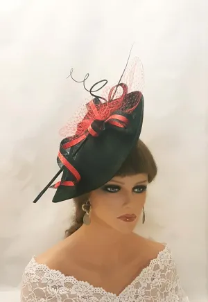 BLACK & RED HAT Fascinator Large hatinator Quill Feather Netting detail Wedding Ceremoney Hatinator Cocktail Royal Ascot Race Hat Fascinator