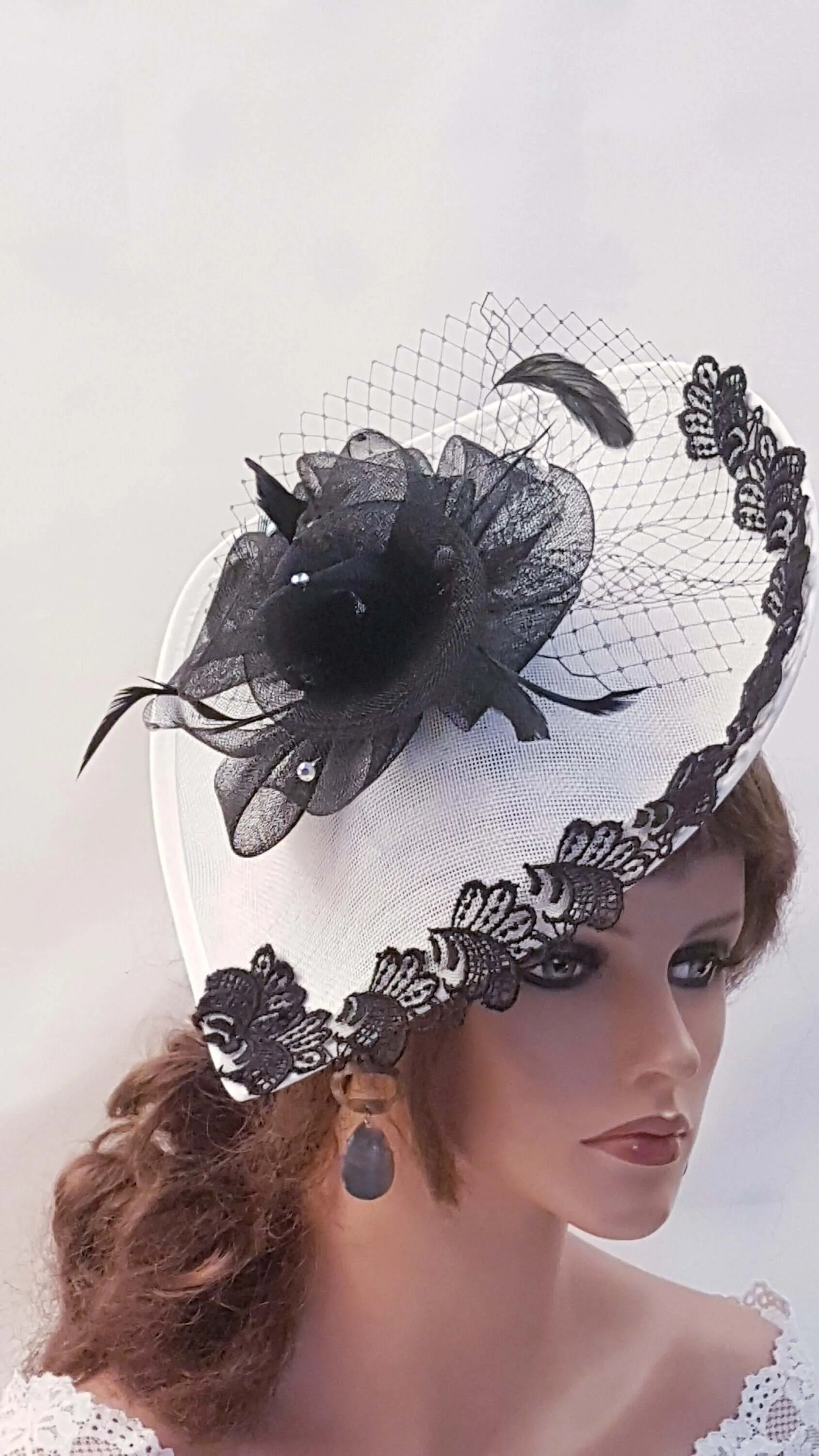 Black & White Fascinator Hat. Flowers, Feathers Motif Formal Event Headpiece,Wedding,Derby,Special Occasion hat. Mother of bride Fascinator