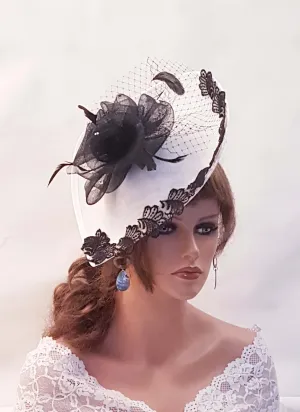 Black & White Fascinator Hat. Flowers, Feathers Motif Formal Event Headpiece,Wedding,Derby,Special Occasion hat. Mother of bride Fascinator