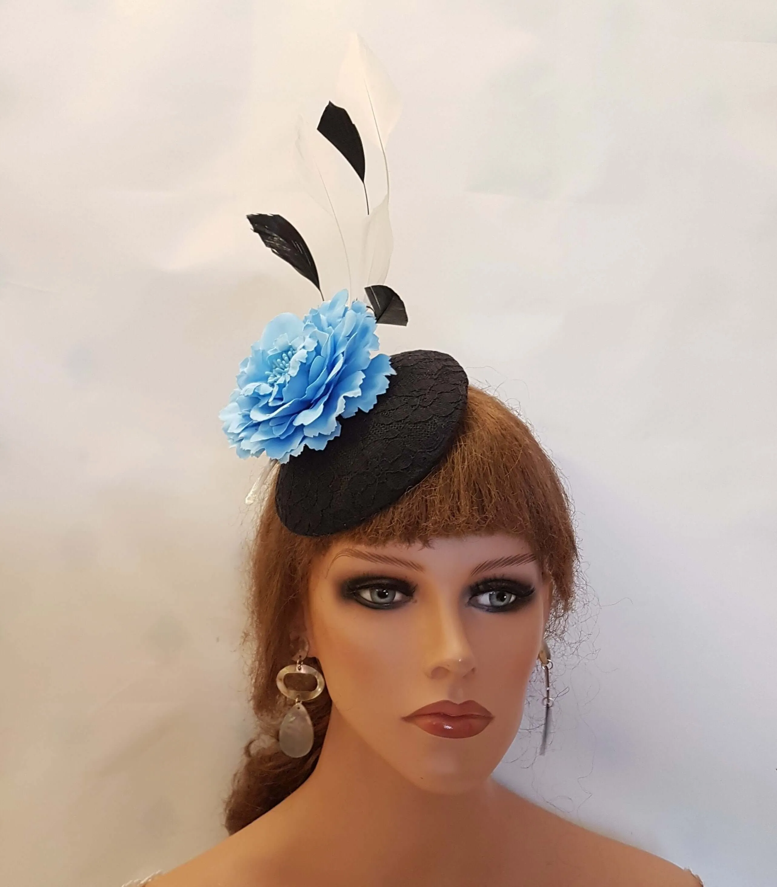 BLACK and Blue Hat   Fascinator Black lace Hat BLUE Flower hat feather hat Black & Blue Hatinator Wedding Ceremoney Ascot Ladies Fascinater