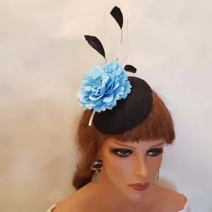 BLACK and Blue Hat   Fascinator Black lace Hat BLUE Flower hat feather hat Black & Blue Hatinator Wedding Ceremoney Ascot Ladies Fascinater
