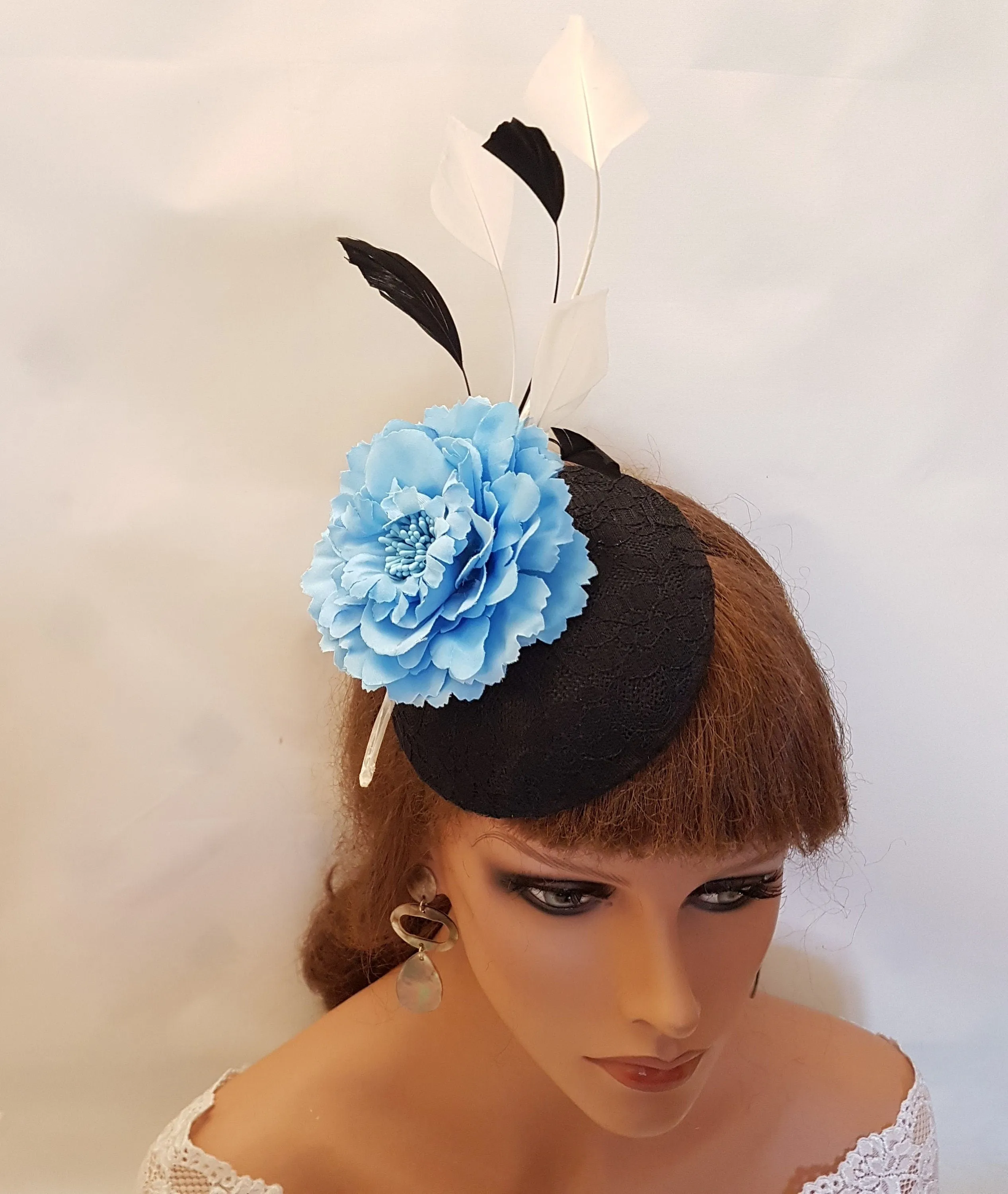 BLACK and Blue Hat   Fascinator Black lace Hat BLUE Flower hat feather hat Black & Blue Hatinator Wedding Ceremoney Ascot Ladies Fascinater