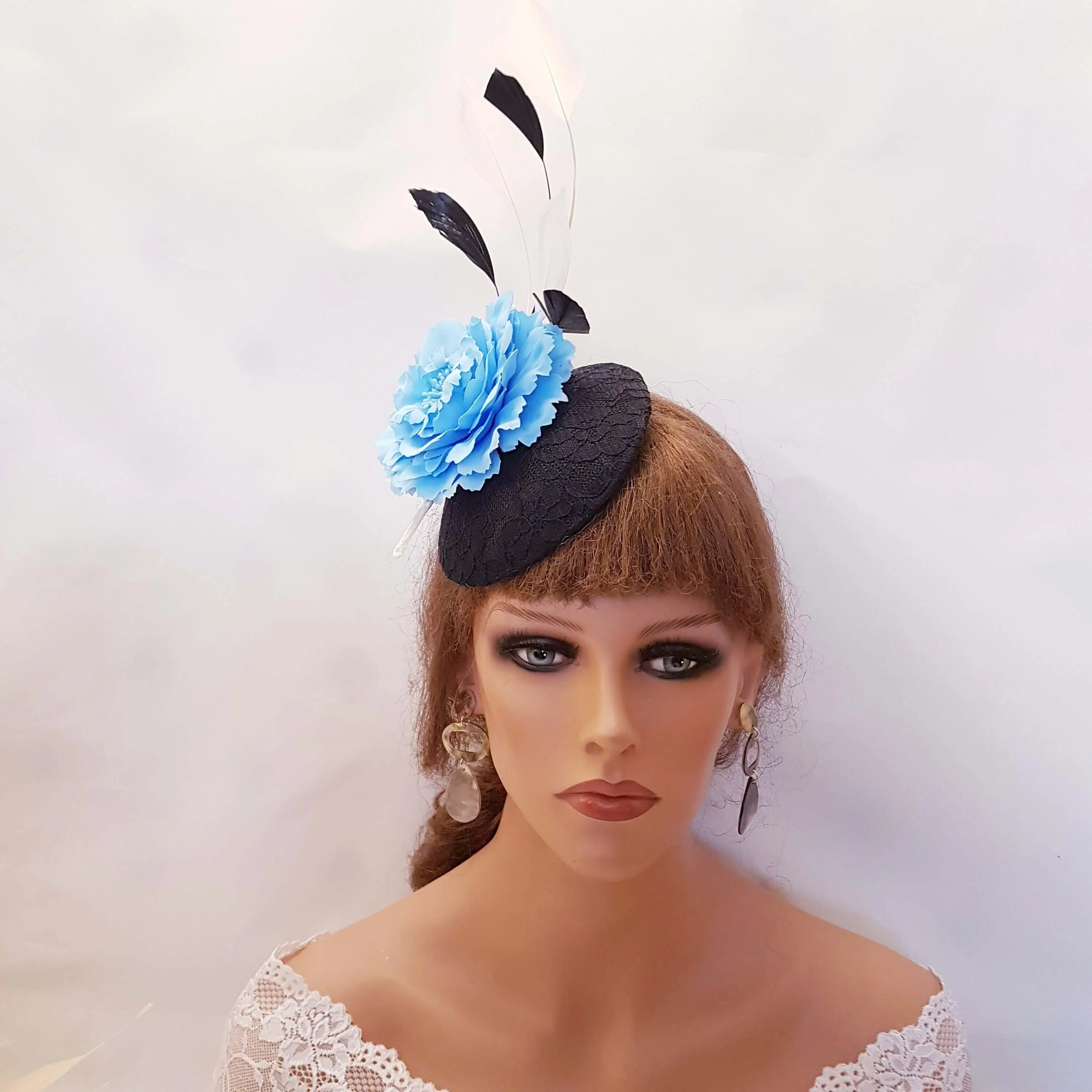 BLACK and Blue Hat   Fascinator Black lace Hat BLUE Flower hat feather hat Black & Blue Hatinator Wedding Ceremoney Ascot Ladies Fascinater