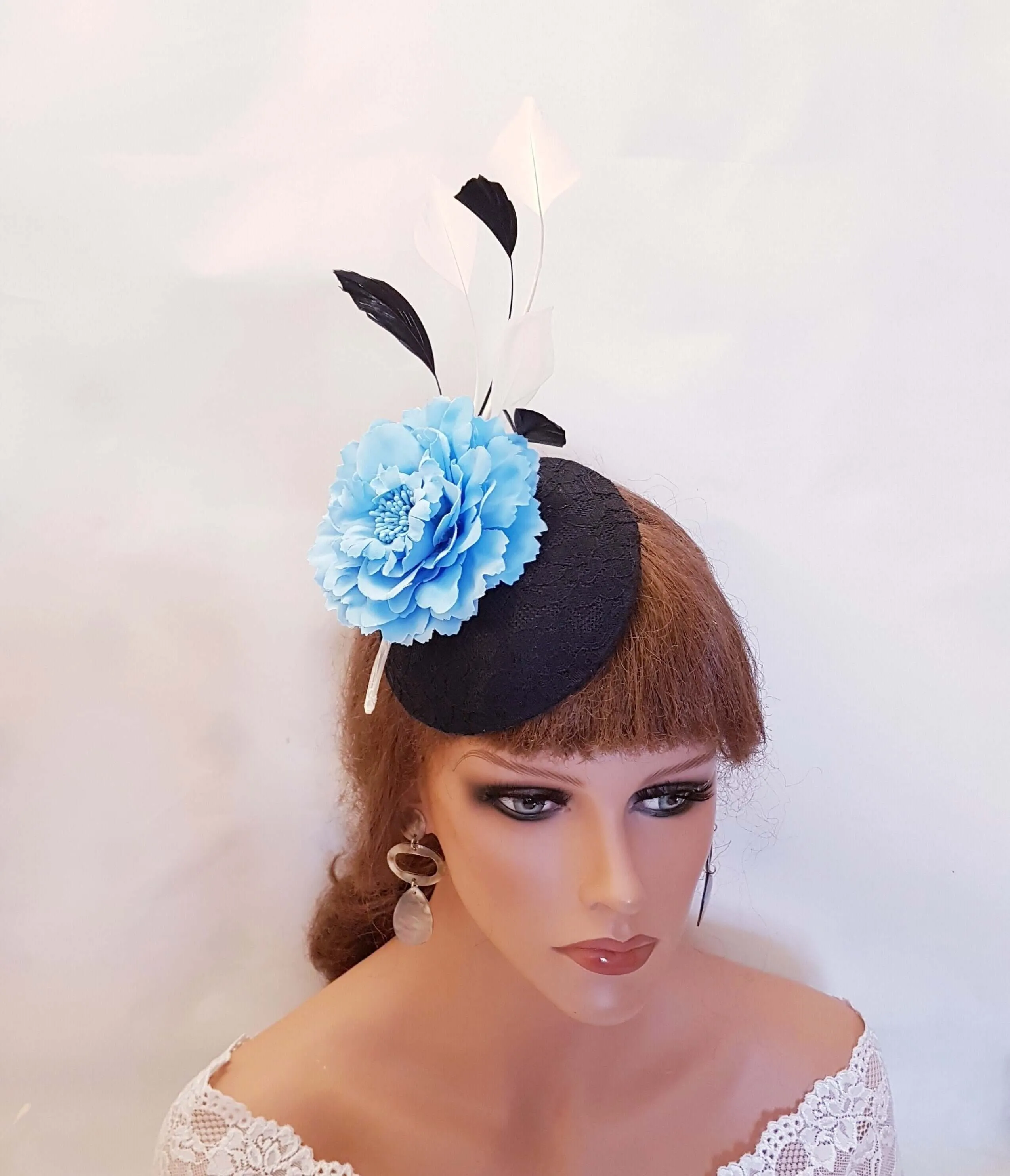 BLACK and Blue Hat   Fascinator Black lace Hat BLUE Flower hat feather hat Black & Blue Hatinator Wedding Ceremoney Ascot Ladies Fascinater