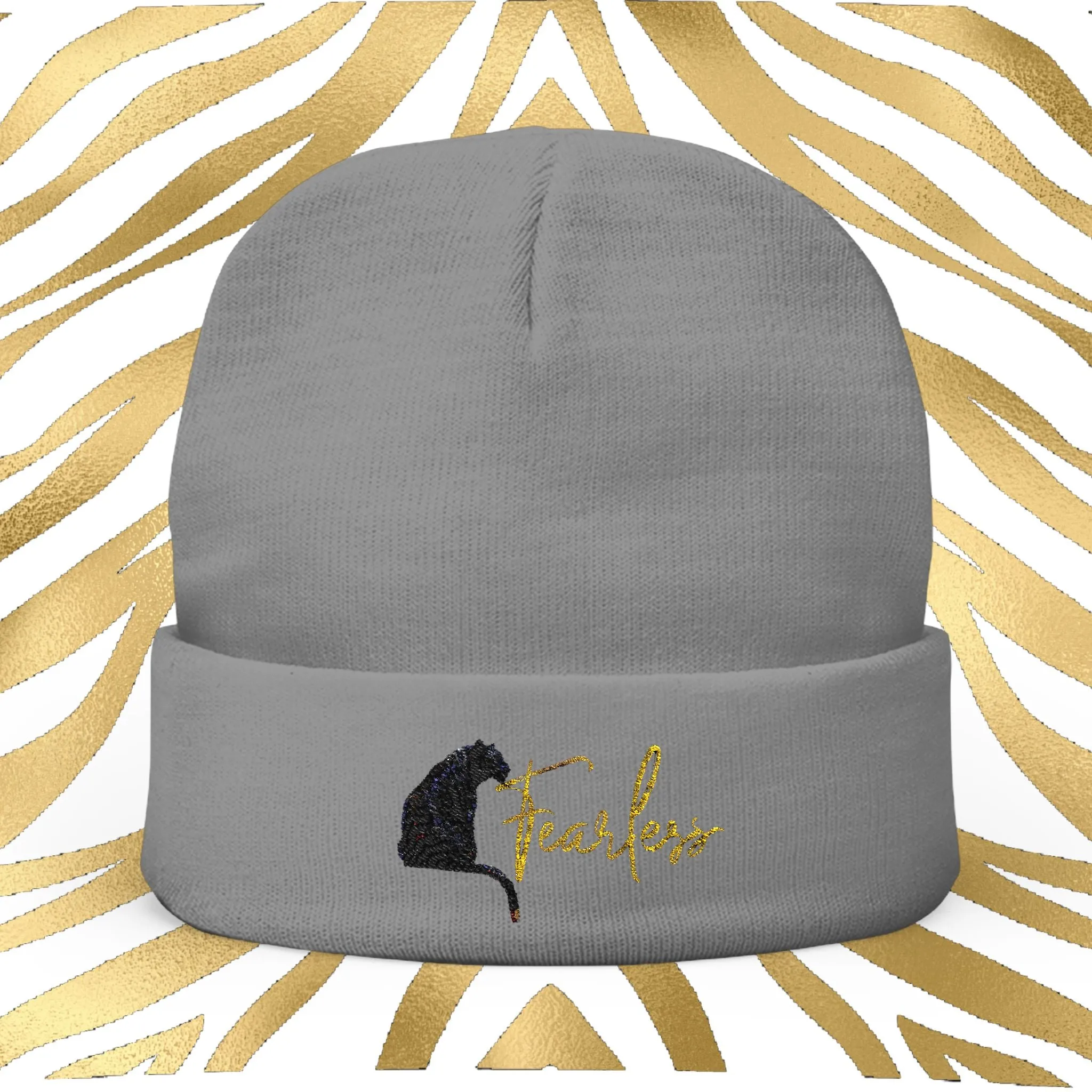 Black and Gold Tiger Graphic Fearless Embroidered Knit Beanie