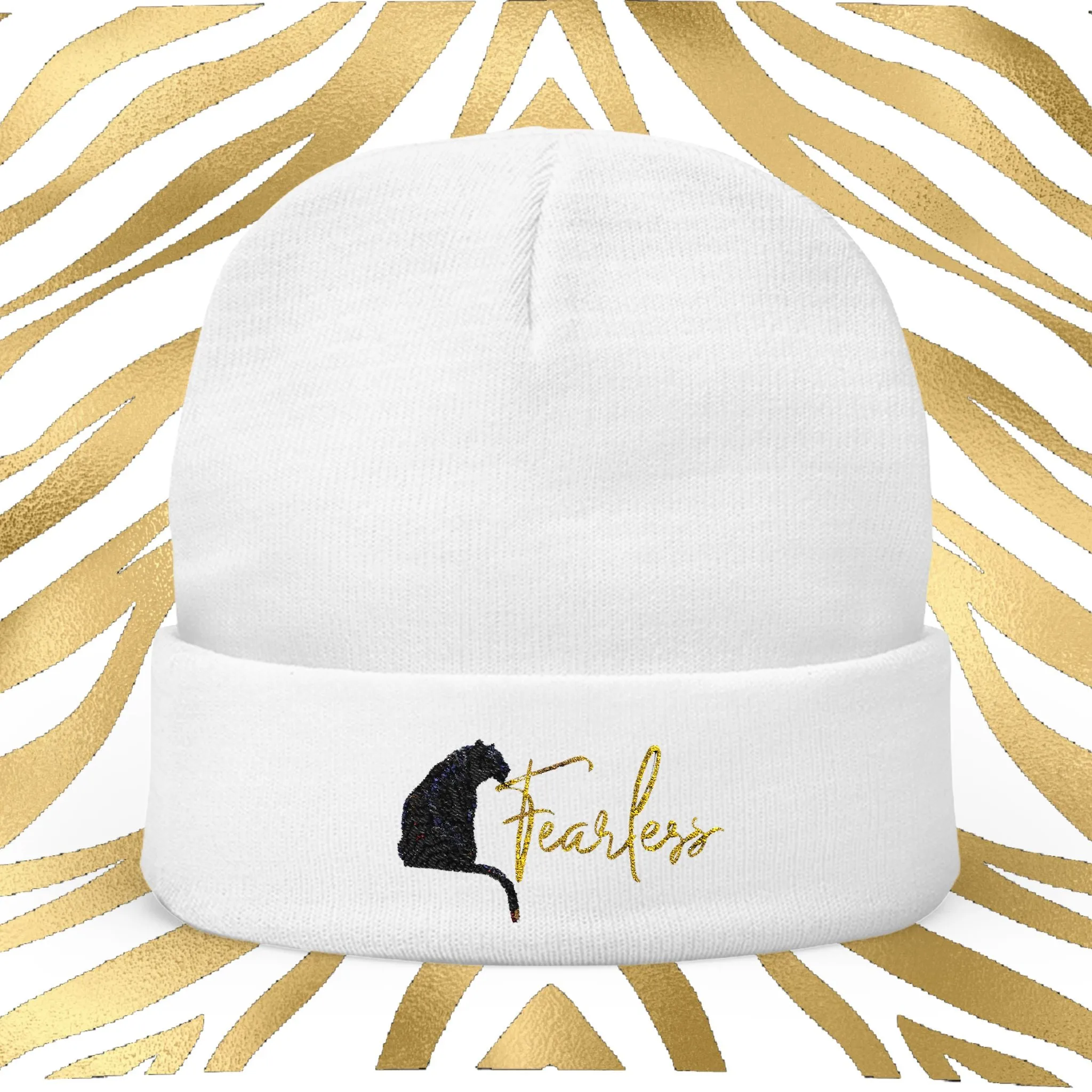 Black and Gold Tiger Graphic Fearless Embroidered Knit Beanie