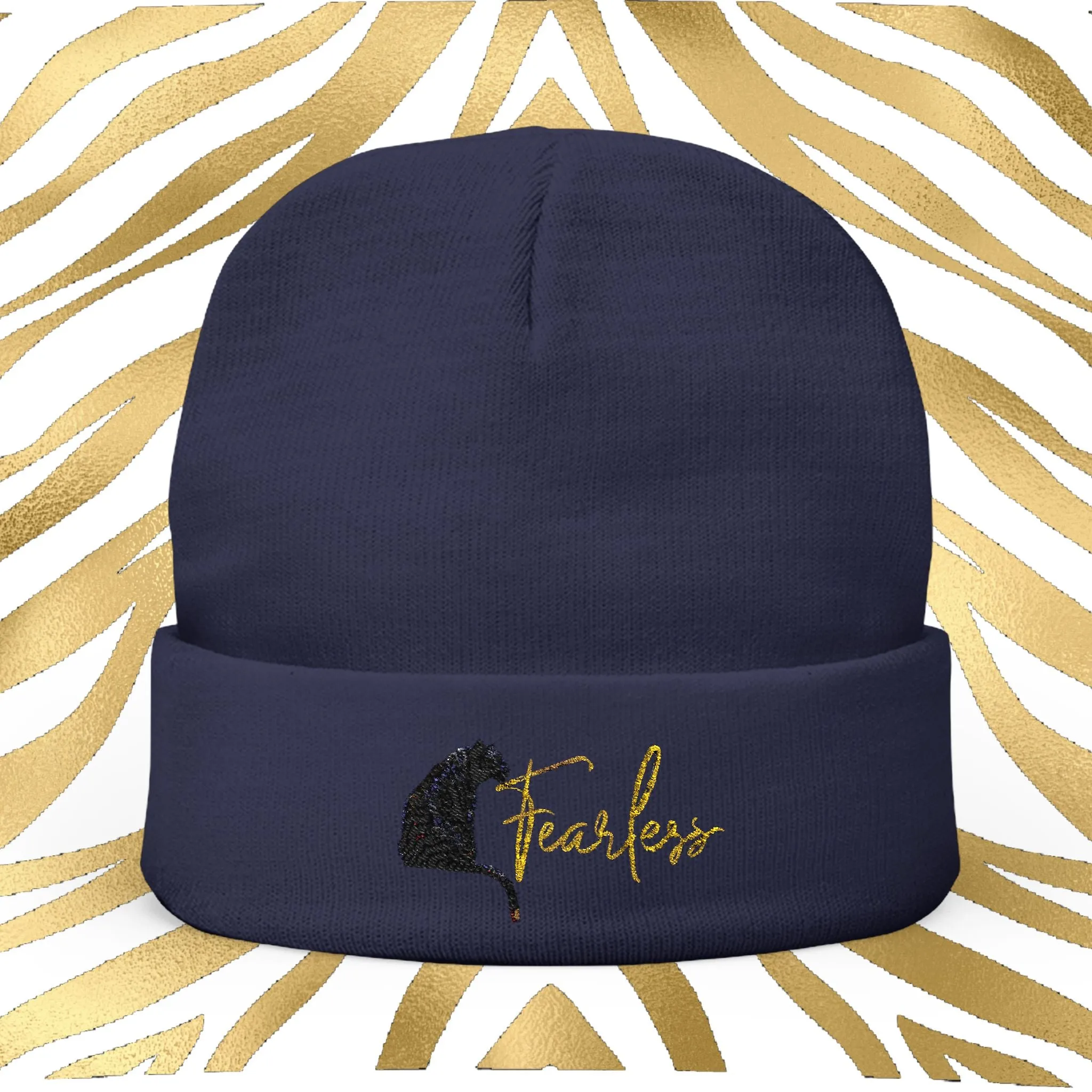 Black and Gold Tiger Graphic Fearless Embroidered Knit Beanie