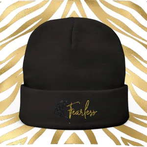Black and Gold Tiger Graphic Fearless Embroidered Knit Beanie