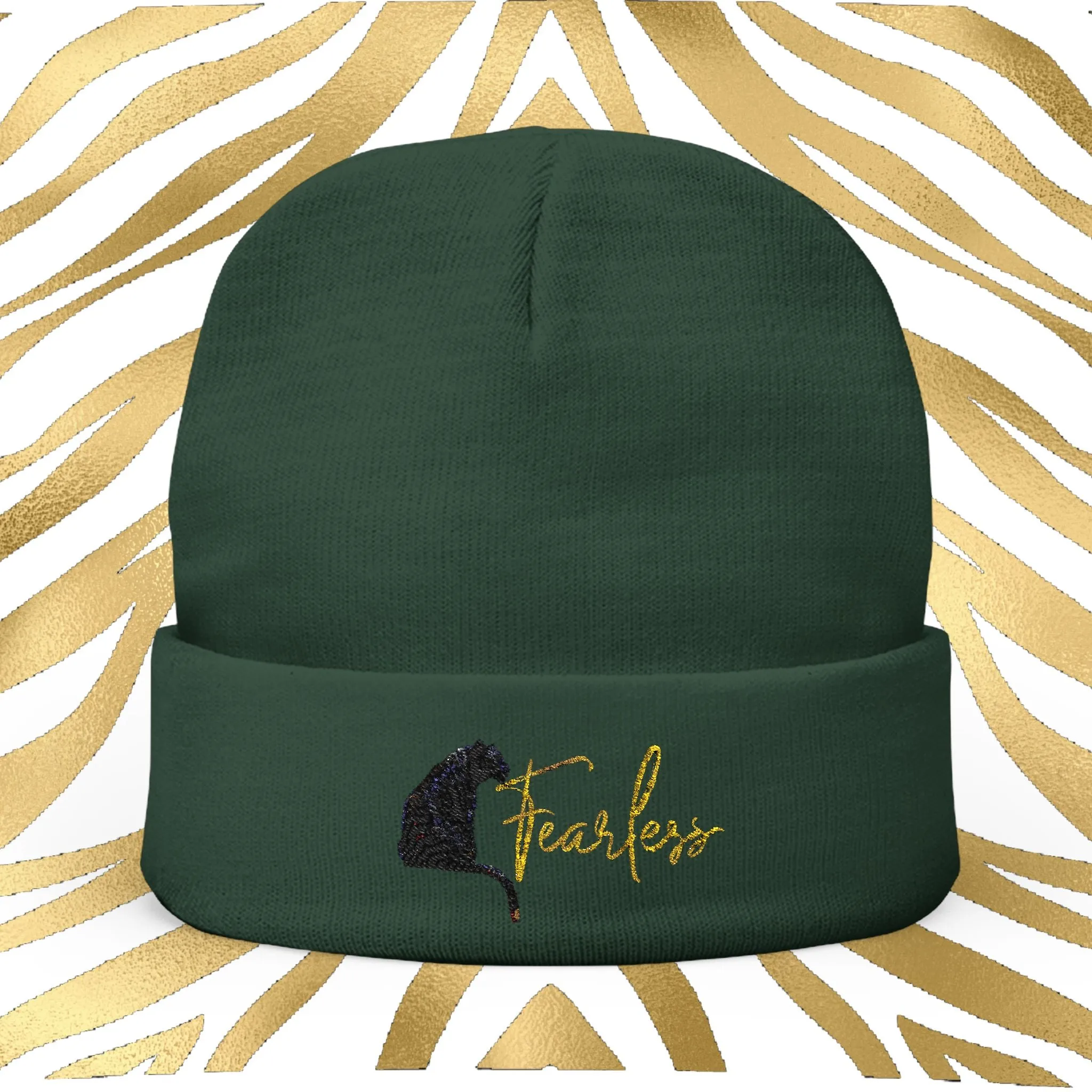 Black and Gold Tiger Graphic Fearless Embroidered Knit Beanie