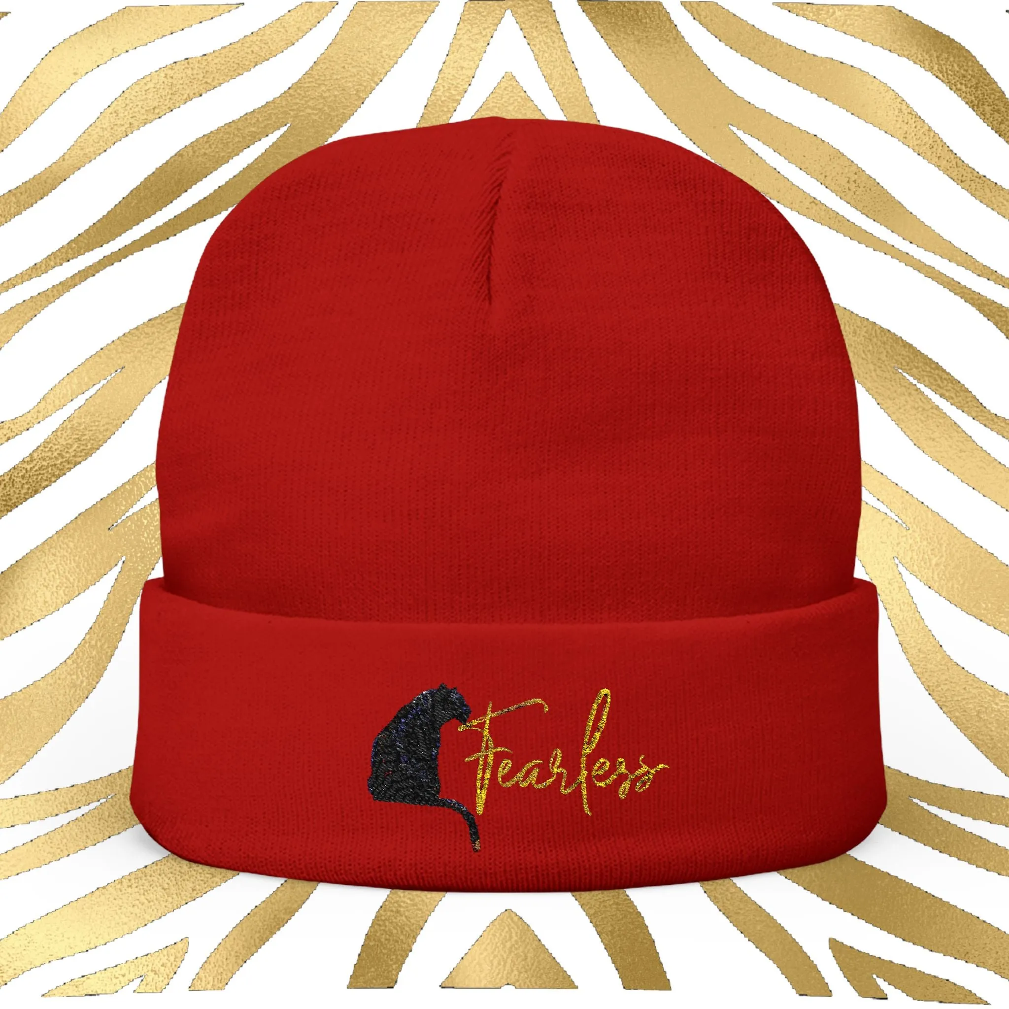 Black and Gold Tiger Graphic Fearless Embroidered Knit Beanie