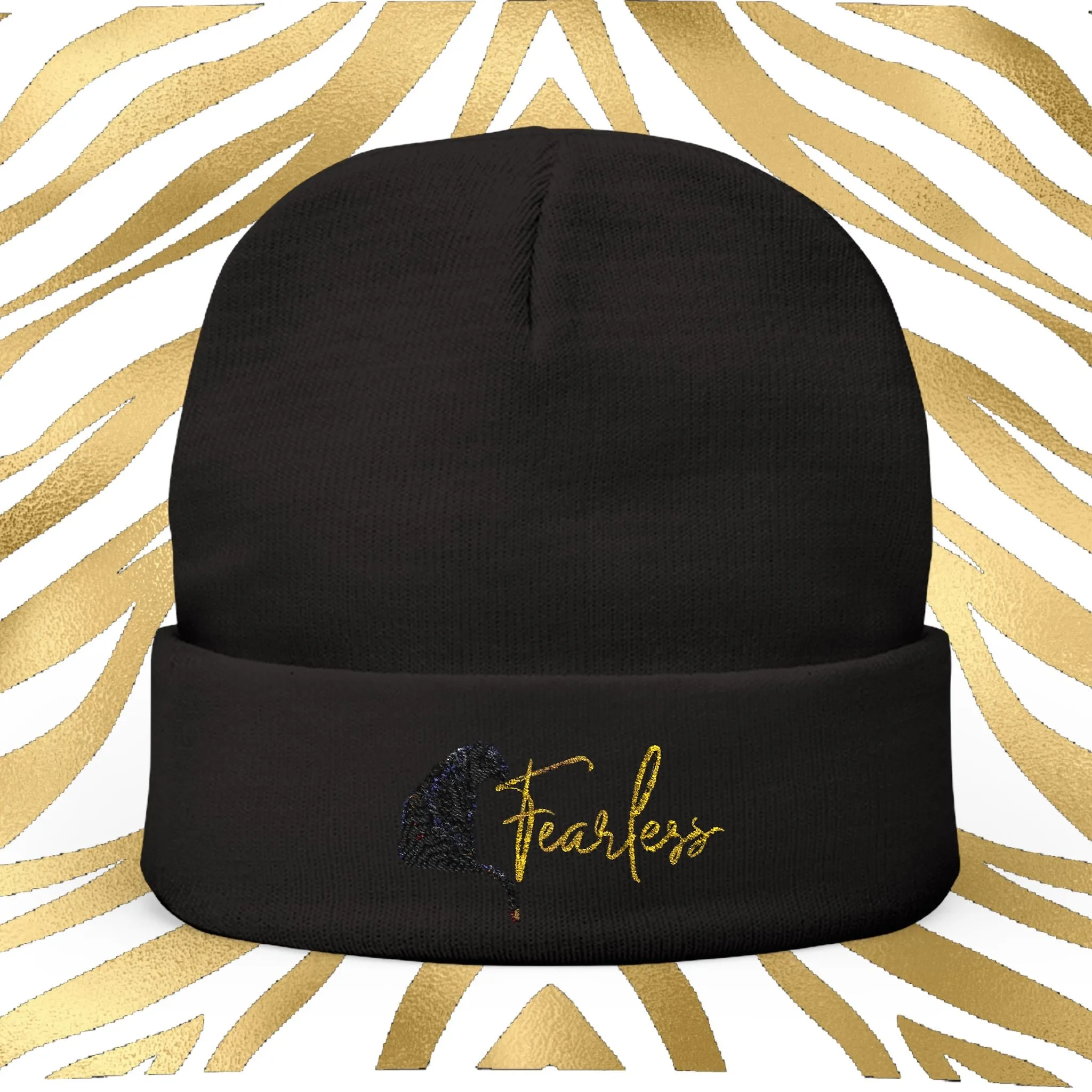 Black and Gold Tiger Graphic Fearless Embroidered Knit Beanie