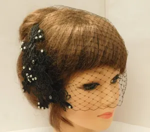 Black Birdcage veil Blusher Veil 9 inch Bandeau French net veil Black flower motif fascinator Black face veil Black french net birdcage veil