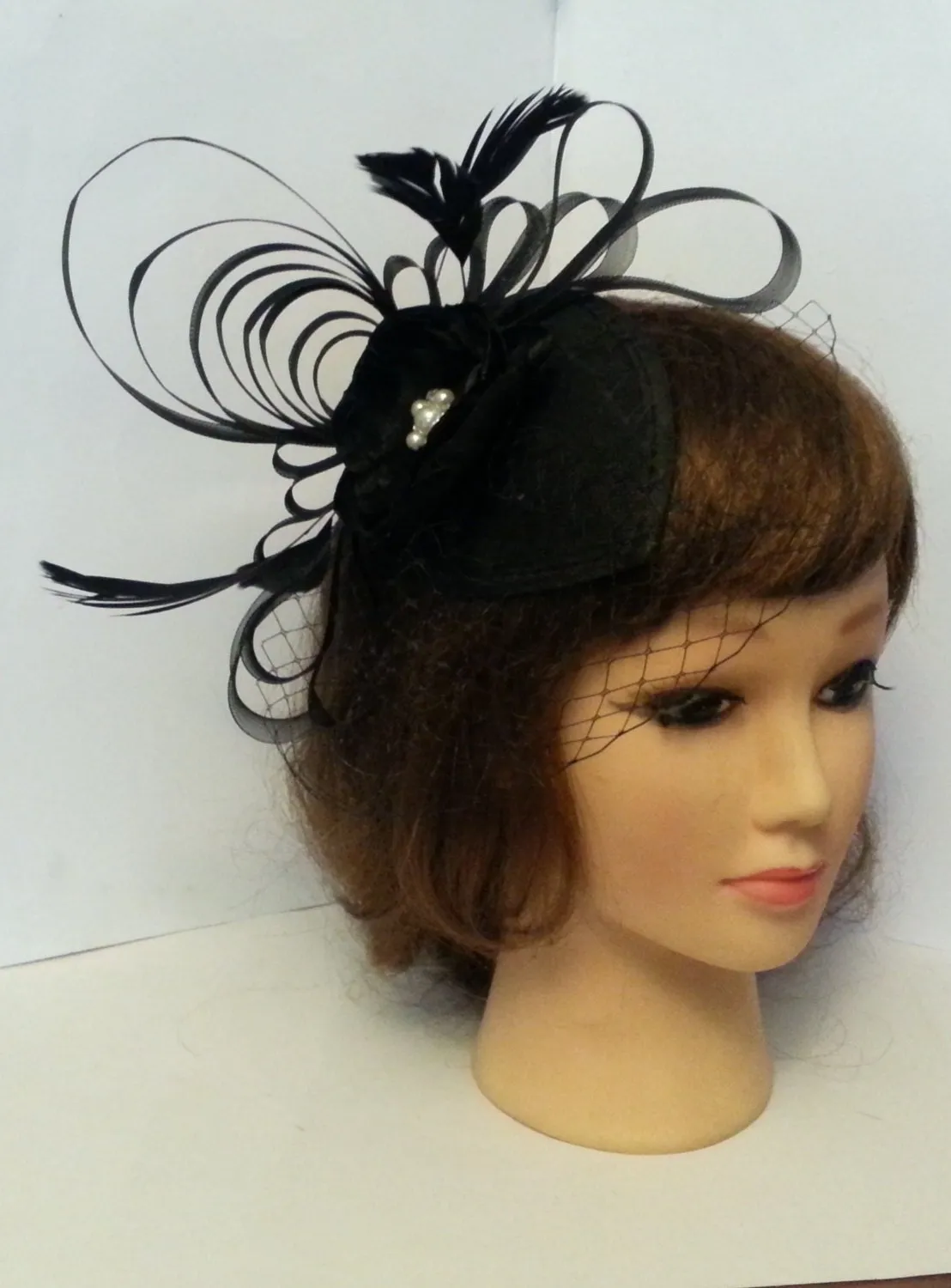 BLACK Birdcage veil Teardrop Hat Fascinator Wedding Race Royal Ascot Kentucky Derby Halloween hat birdcageVeil,vintage inspired  feather HAT