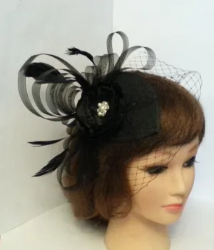 BLACK Birdcage veil Teardrop Hat Fascinator Wedding Race Royal Ascot Kentucky Derby Halloween hat birdcageVeil,vintage inspired  feather HAT