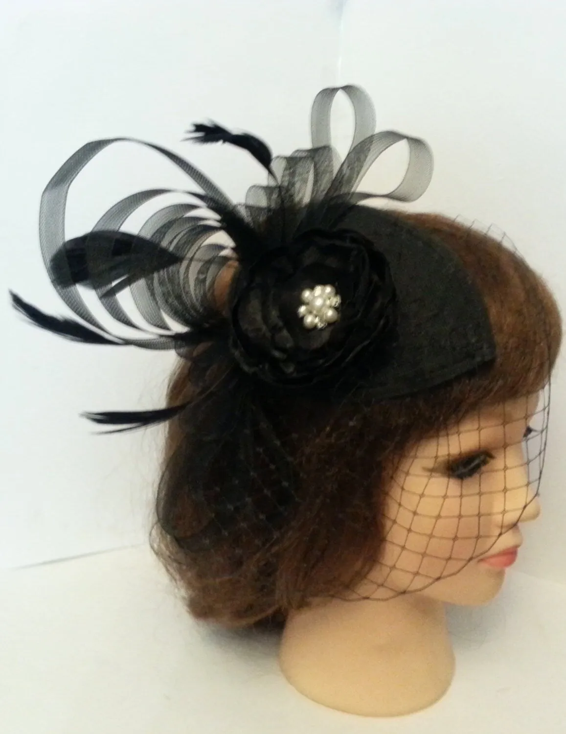 BLACK Birdcage veil Teardrop Hat Fascinator Wedding Race Royal Ascot Kentucky Derby Halloween hat birdcageVeil,vintage inspired  feather HAT