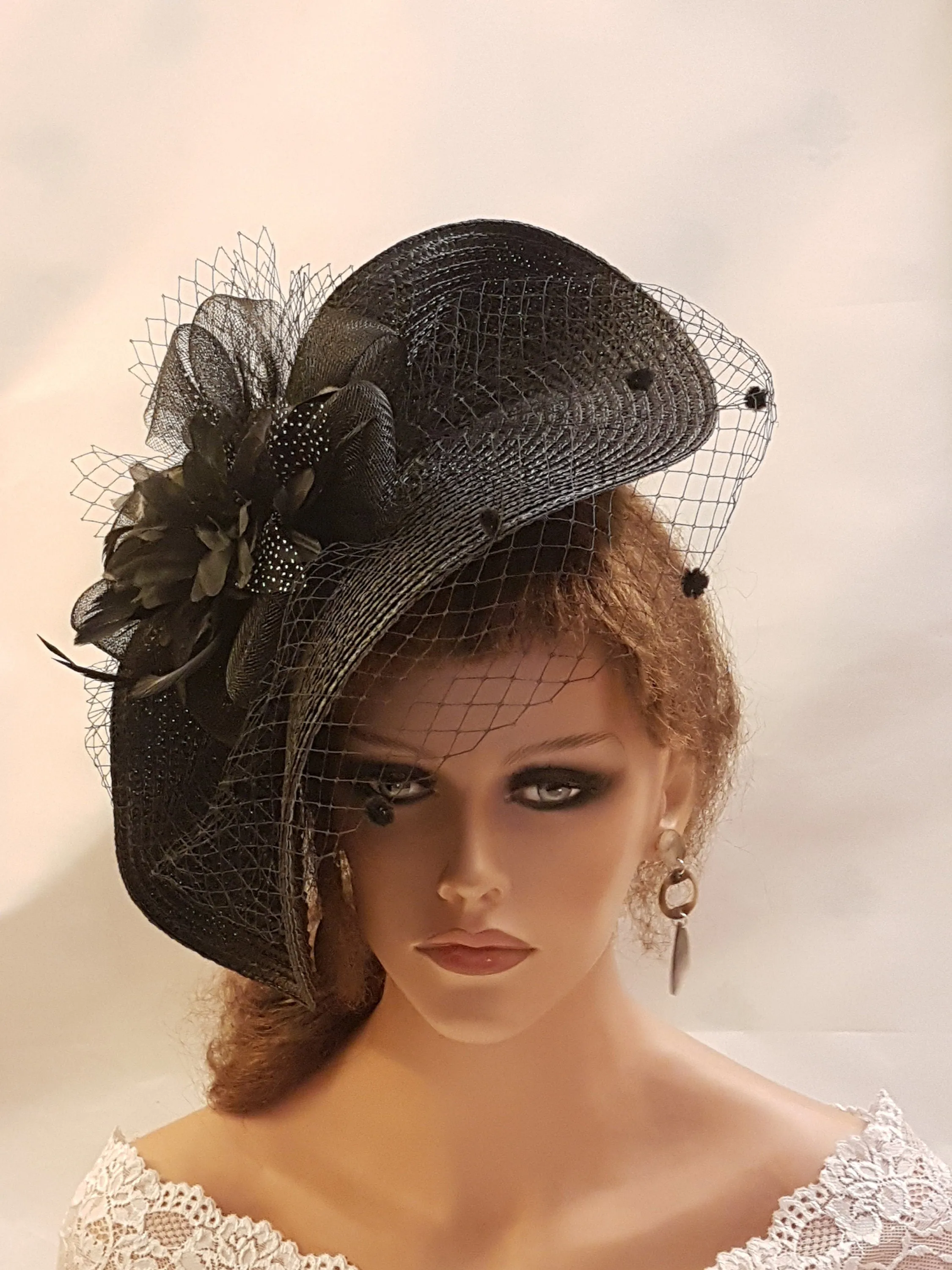 Black Fascinator Hat with Feathers,Flowers.Headwear for Weddings & Races,Halloween,Ladies Headpiece Perfect for Special Occasions and Events