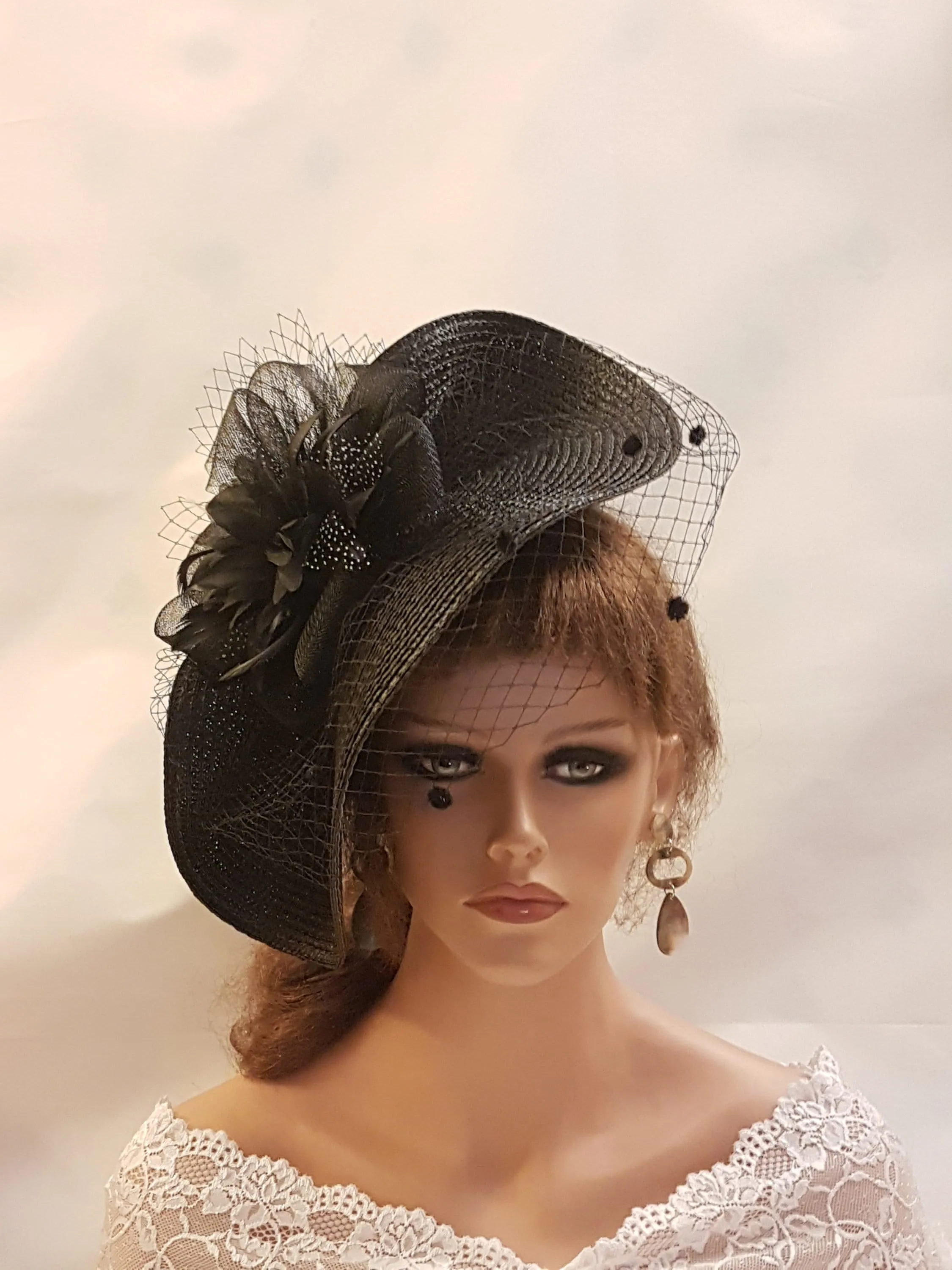 Black Fascinator Hat with Feathers,Flowers.Headwear for Weddings & Races,Halloween,Ladies Headpiece Perfect for Special Occasions and Events
