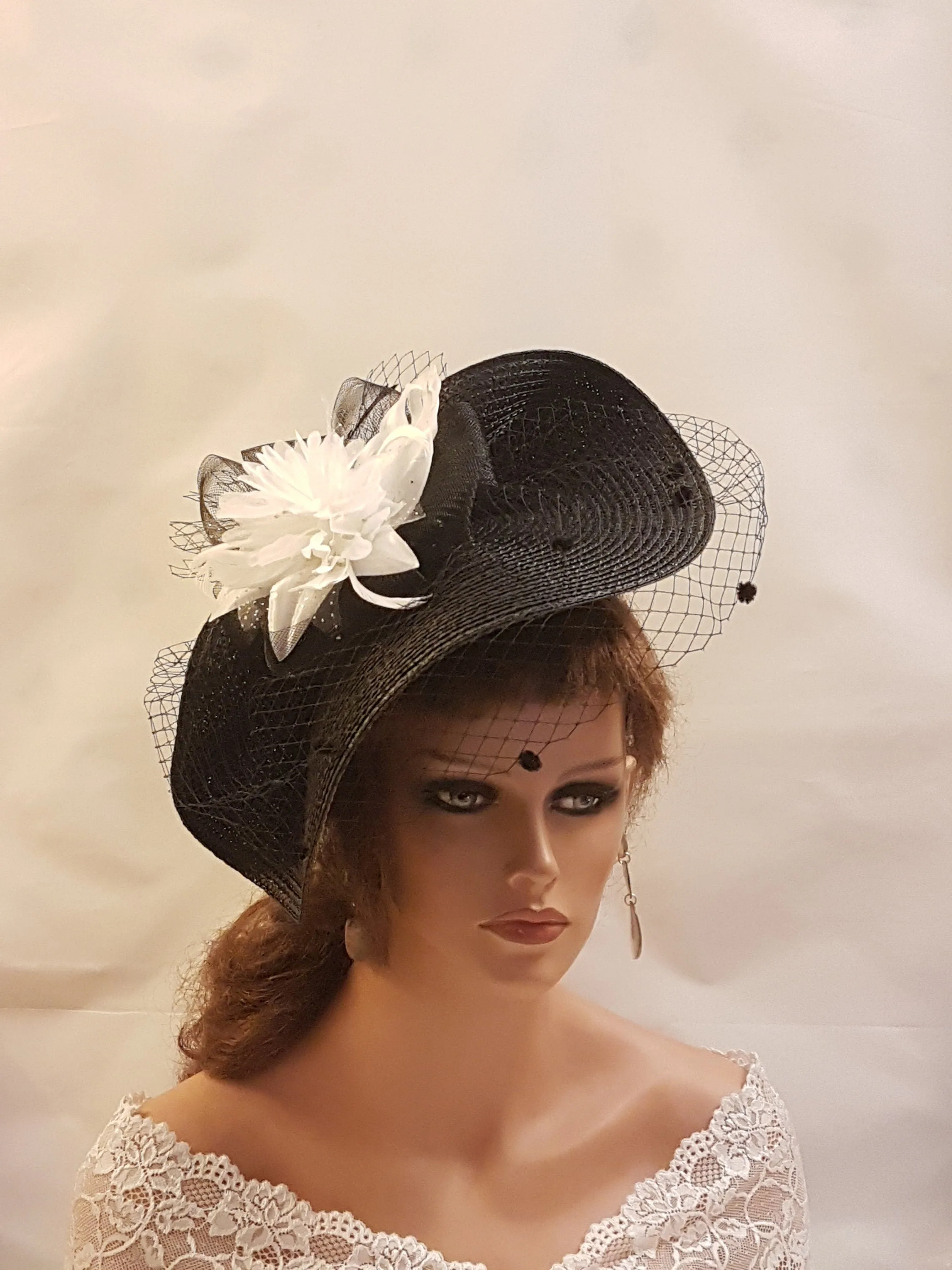 Black Fascinator Hat with Feathers,Flowers.Headwear for Weddings & Races,Halloween,Ladies Headpiece Perfect for Special Occasions and Events