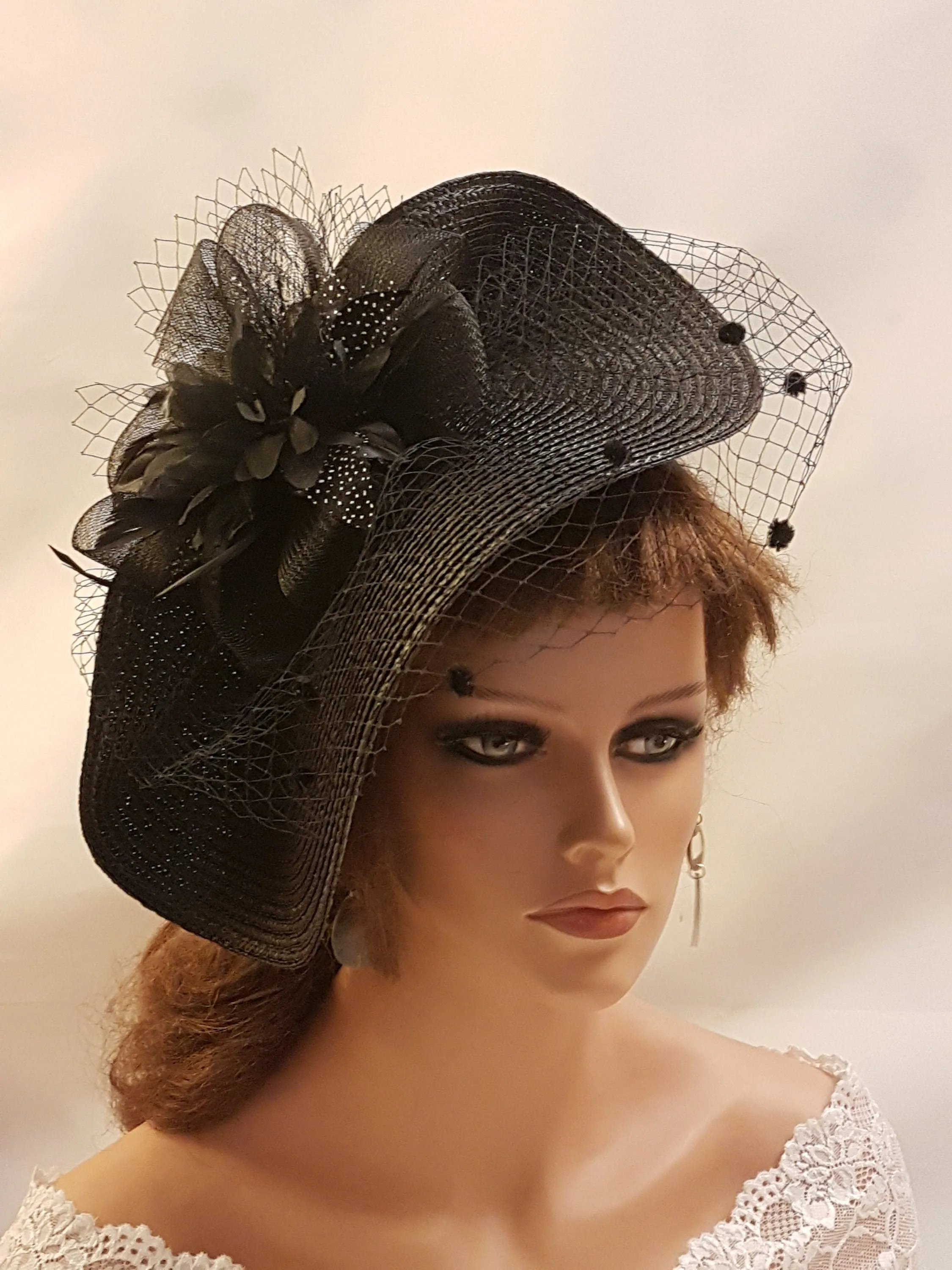 Black Fascinator Hat with Feathers,Flowers.Headwear for Weddings & Races,Halloween,Ladies Headpiece Perfect for Special Occasions and Events