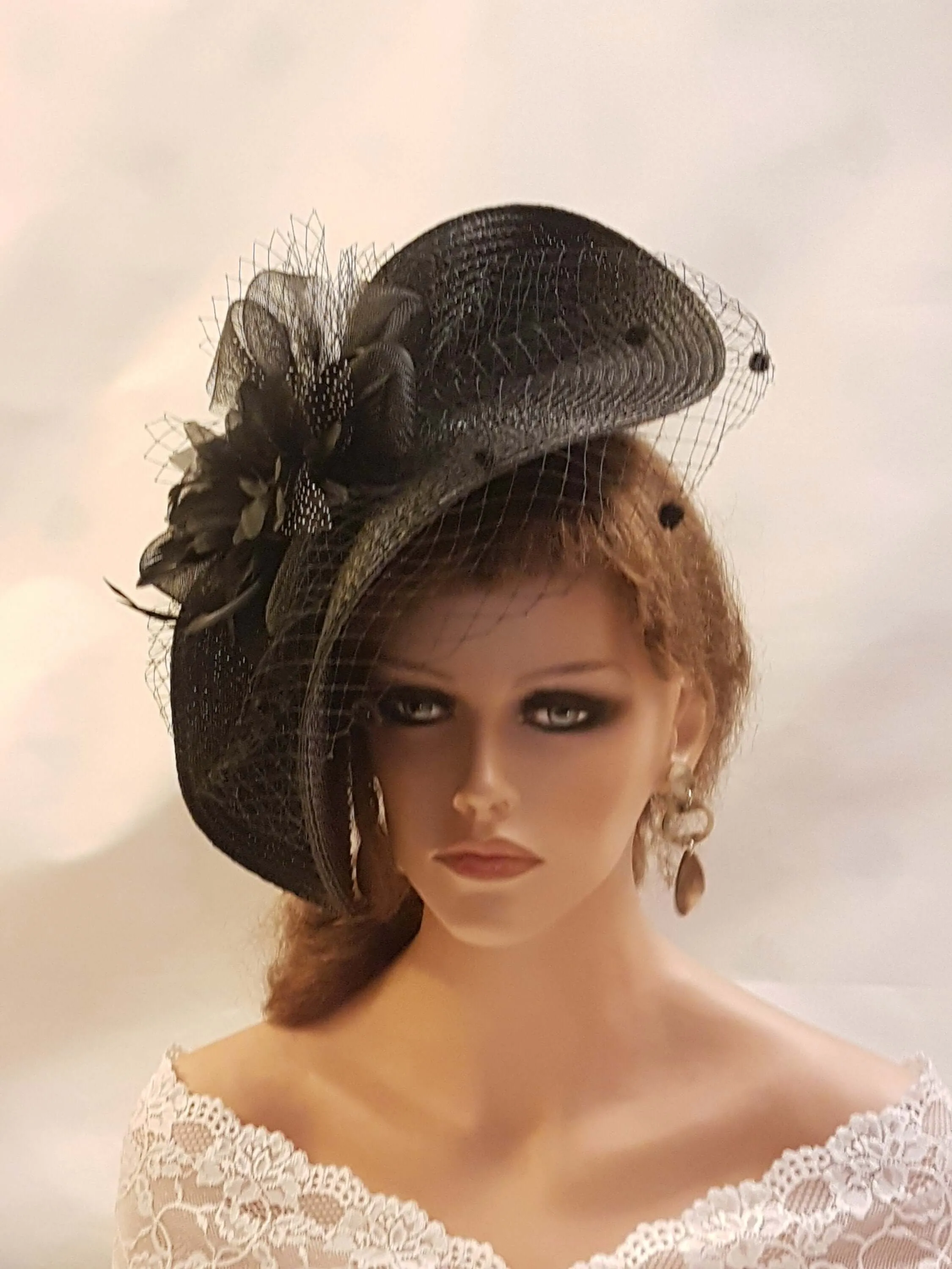Black Fascinator Hat with Feathers,Flowers.Headwear for Weddings & Races,Halloween,Ladies Headpiece Perfect for Special Occasions and Events