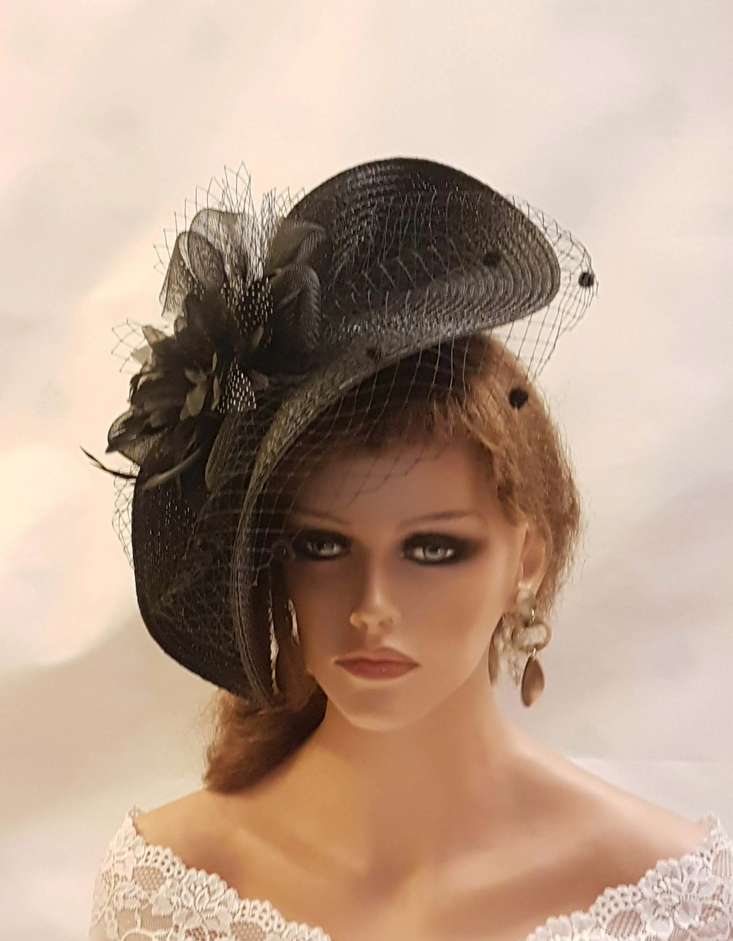 Black Fascinator Hat with Feathers,Flowers.Headwear for Weddings & Races,Halloween,Ladies Headpiece Perfect for Special Occasions and Events