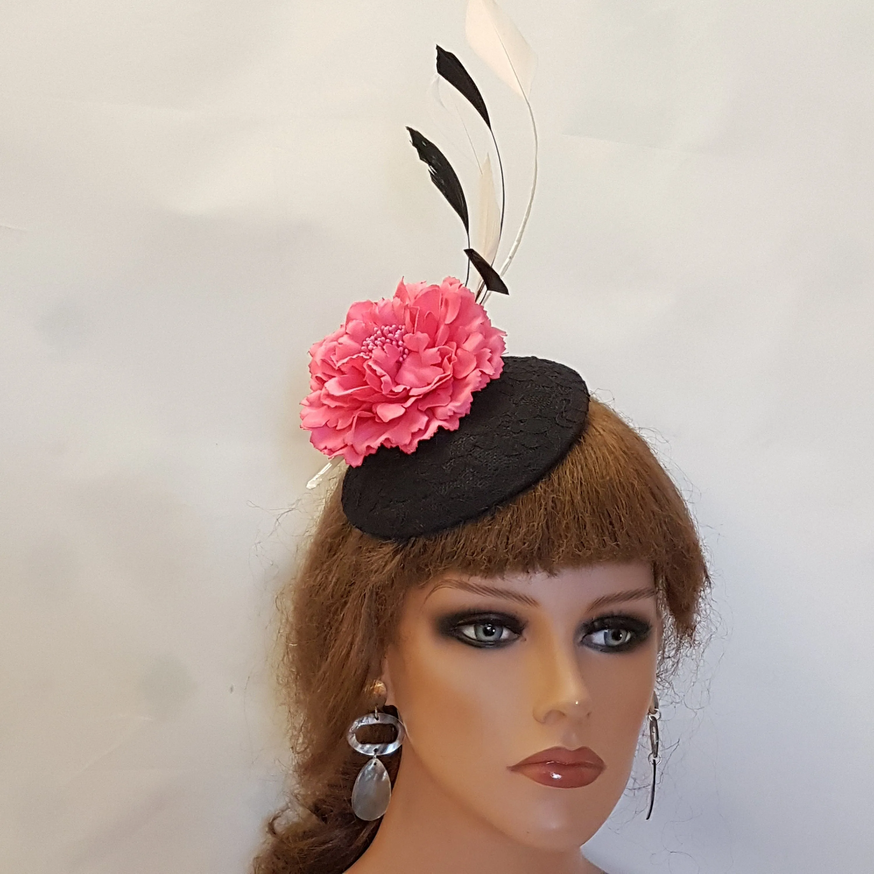 BLACK HAT Fascinator Black lace Hat with HotPink Flower Hat with Black & White Feathers Wedding Ceremoney Hatinator Cocktail Ascot Hat Black