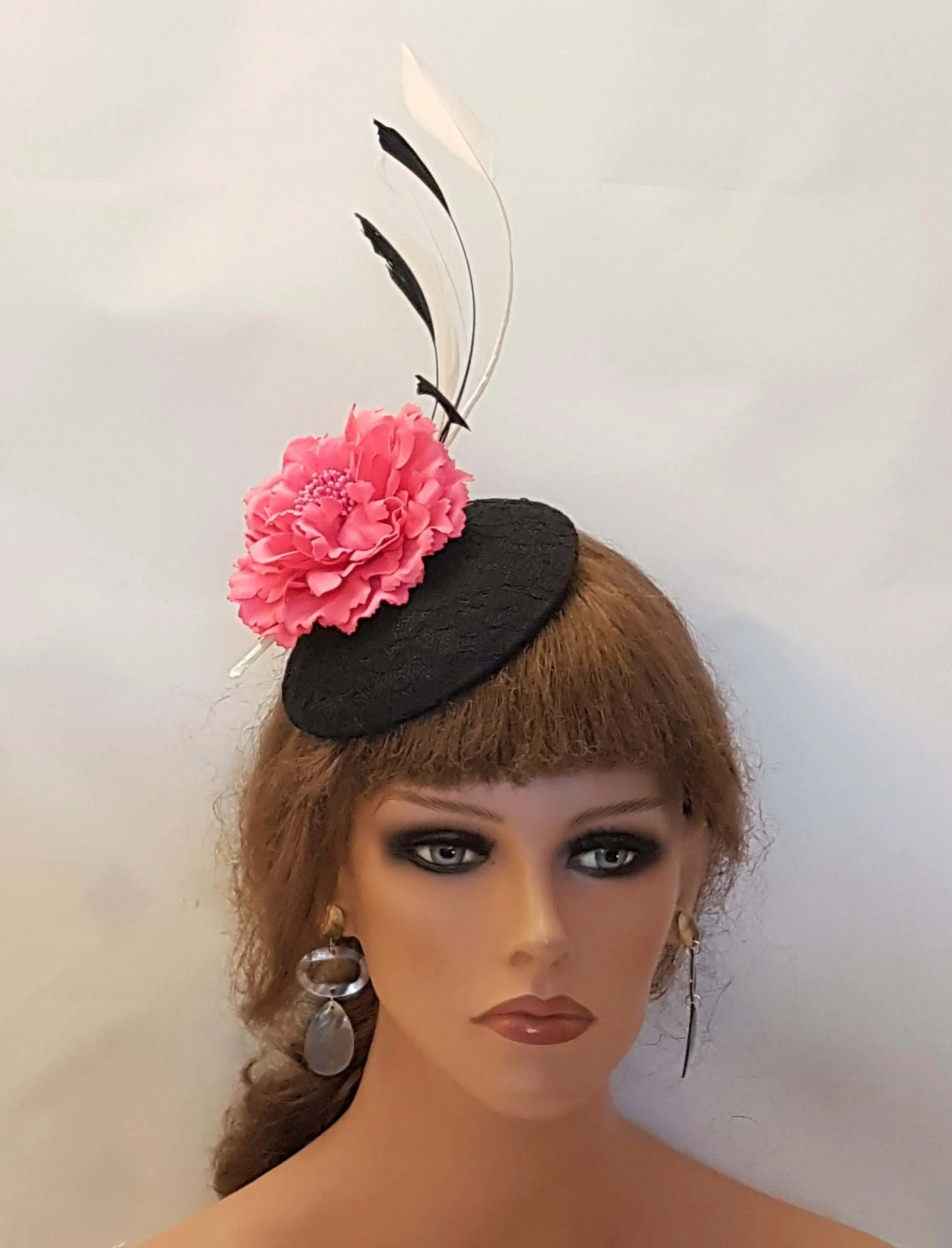 BLACK HAT Fascinator Black lace Hat with HotPink Flower Hat with Black & White Feathers Wedding Ceremoney Hatinator Cocktail Ascot Hat Black