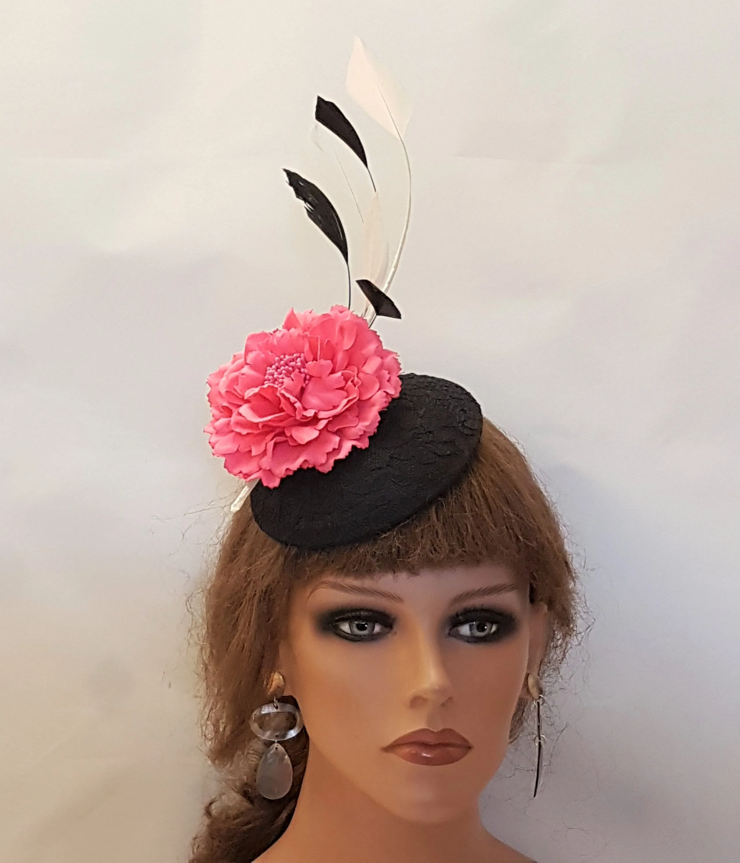 BLACK HAT Fascinator Black lace Hat with HotPink Flower Hat with Black & White Feathers Wedding Ceremoney Hatinator Cocktail Ascot Hat Black