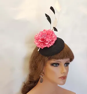 BLACK HAT Fascinator Black lace Hat with HotPink Flower Hat with Black & White Feathers Wedding Ceremoney Hatinator Cocktail Ascot Hat Black
