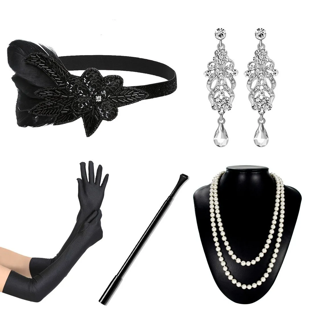 Black Roaring Twenties Accessories Set of 5 1920s Flapper
